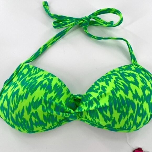 SO Bikini Swimsuit Halter Top Junior Sz XS Neon Animal Print Green Ruched Center - Picture 6 of 13
